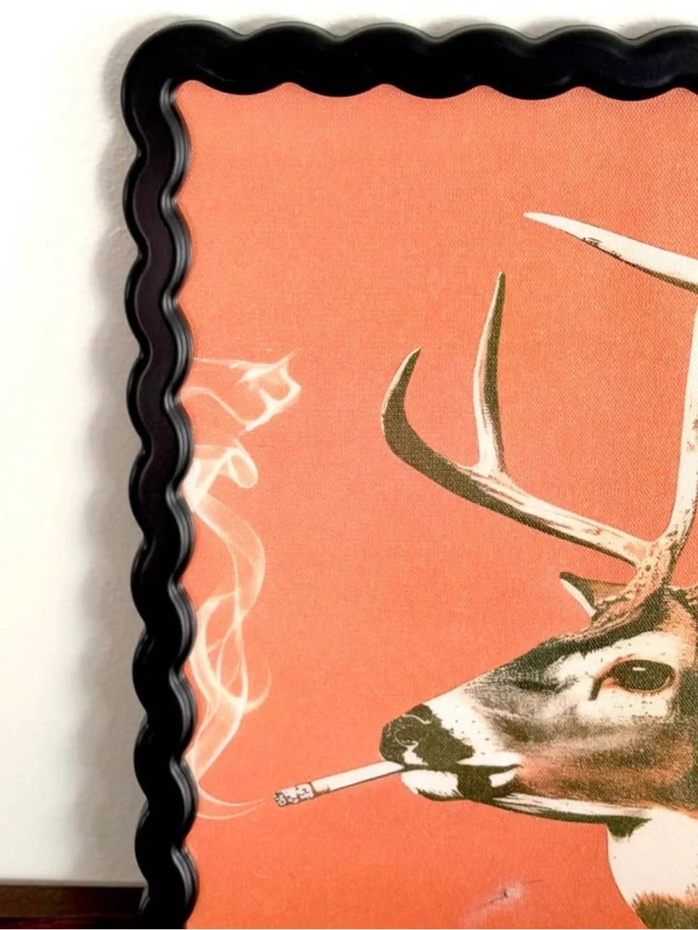 Buck Smoking a Cigarette Deer Vintage Style Canvas Art Print Wavy Black Frame